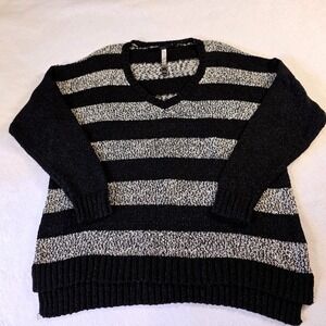Kensie Womens XL Black White Striped V-Neck Chunky Knit High Low Sweater